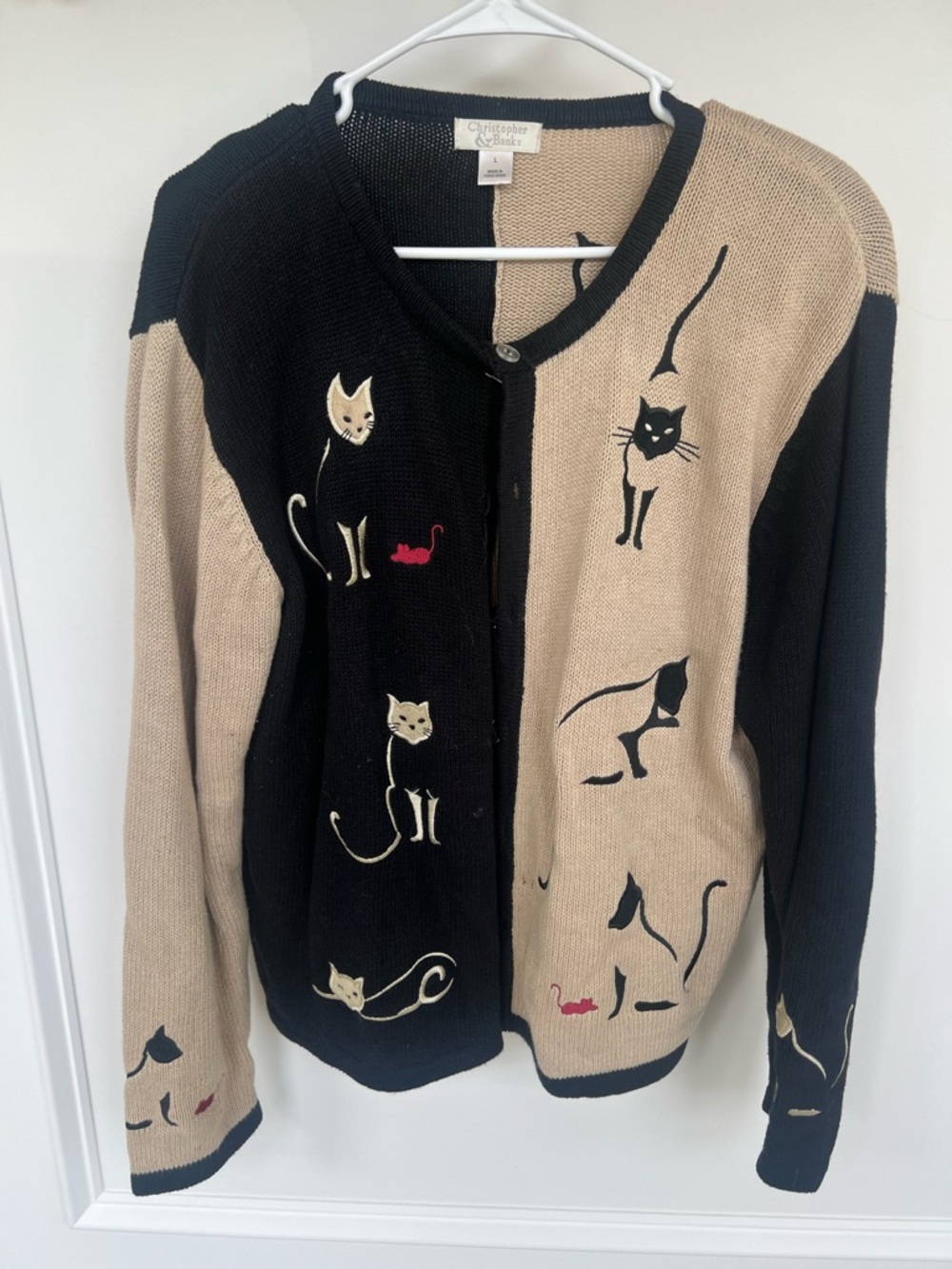 Christopher & Banks Black and Tan Cat Motif Cardigan Sweater